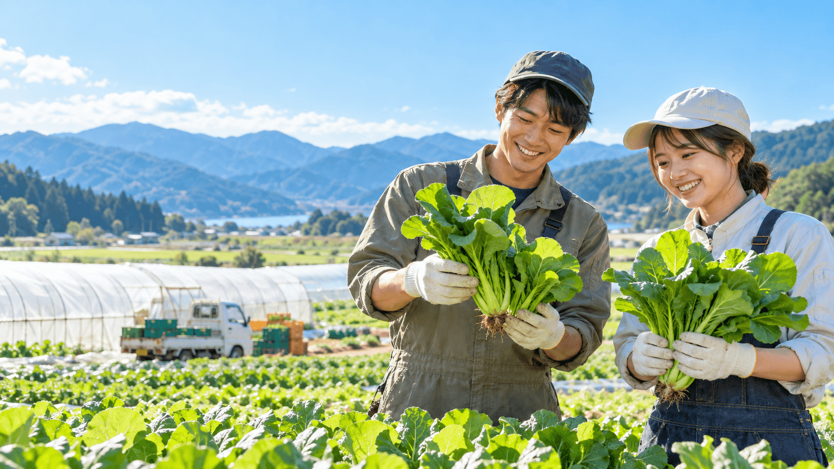 野菜畑で収穫した野菜を確認する若い農業スタッフのイメージ